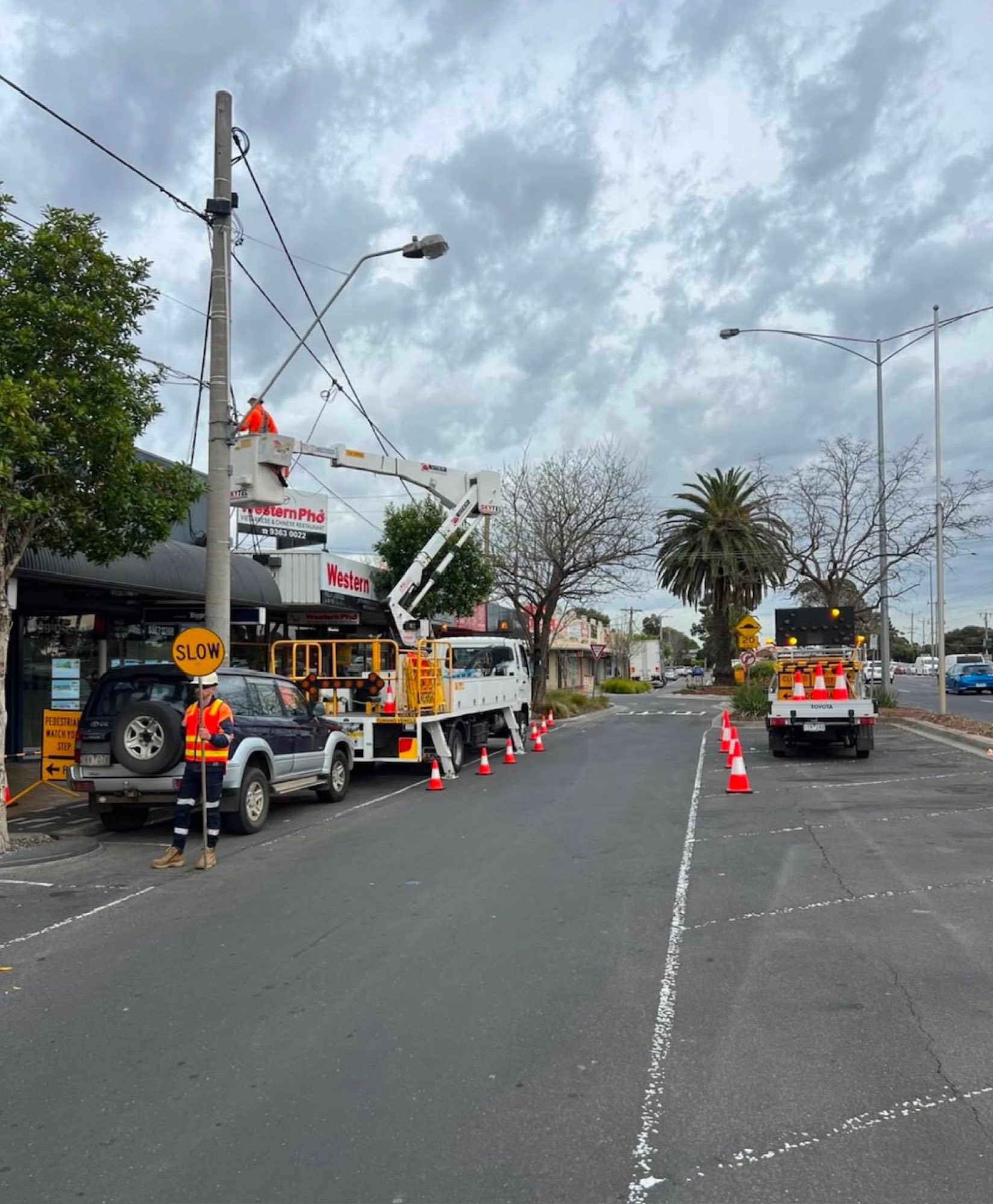 Cherry picker on a Melbourne commercial strip